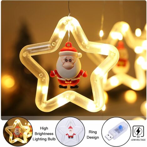 Lichterkettenvorhang Fenster Weihnachtsdeko, Sterne Lichtervorhang mit Weihnachtsschmuck, Weihnachtsbeleuchtung Fenster Lichterkette Innen 3m 8 Modi USB Mit Fernbedienung Warmweiß