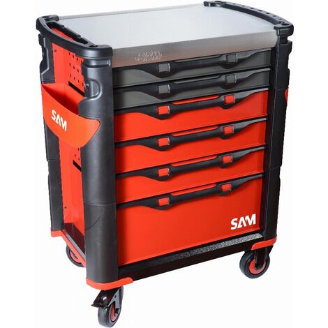 Carro SAM OUTILLAGE gran volumen 6 cajones, rojo, parte superior de acero inoxidable - 416H