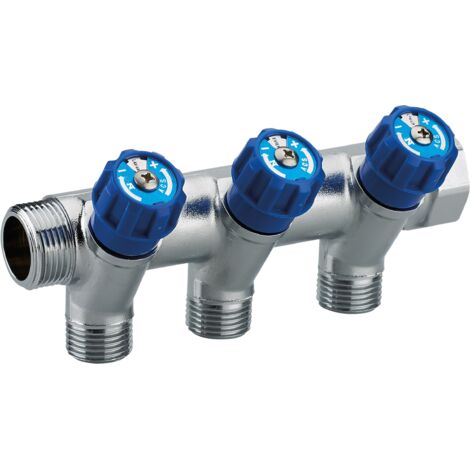 Colector con grifos integrados azul macho hembra MF3/4' (20x27), 3 salidas macho M1/2' (15x21) Disco de identificación del punto de agua Distancia entre centros 50 mm NOYON & THIEBAULT - 803519