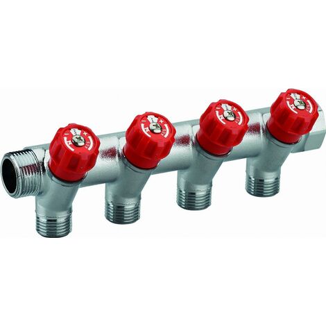 Colector con grifos integrados rojo MF3/4' (20x27) macho hembra, 4 salidas M1/2' (15x21) macho Disco de identificación del punto de agua 50 mm de distancia entre centros NOYON & THIEBAULT - 803523