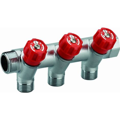 Colector con grifos integrados rojo MF3/4' (20x27) macho hembra, 3 salidas M1/2' (15x21) macho Disco de identificación del punto de agua 50 mm de distancia entre centros NOYON & THIEBAULT - 803522