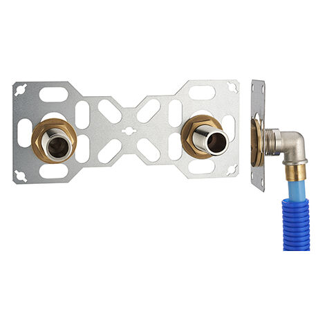 FIXSYSTEM doble : kit completo para la fijación de un grifo mural con una distancia entre ejes de 150 mm Codos de alimentación deslizantes en tubo PER NOYON & THIEBAULT - Ø 16 mm, salida 3/4' macho (2