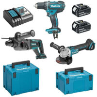 Set de 3 máquinas 18 V Li-Ion 4 Ah MAKITA Drill DDF482 + Amoladora DGA504 + Perfo DHR241 - 2 baterías, cargador, caja - DLX3078MJ