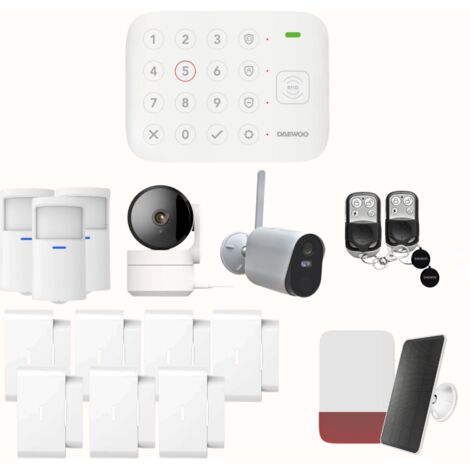 Daewoo Pack Alarme Connectée Wifi Vigilia VIG104 – Système Sans Fil et Sans Abonnement, Compatible Animaux, Détecteurs et Sirène solaire Inclus + Caméras de Surveillance Intérieures et Extérieures, Ap