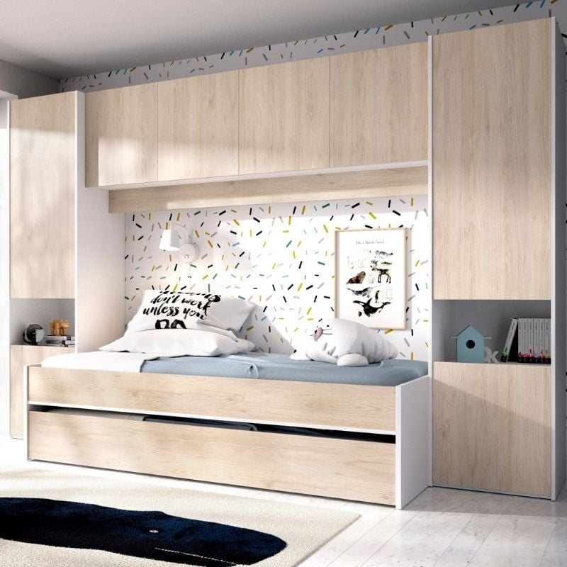 Mobelcenter - Cama Juvenil Nido con Altillo Kwai con 2 Armarios Altos y Altillo - Color Blanco y Natural - An: 303 cm x F: 97 cm x Al: 203 cm - (1206)