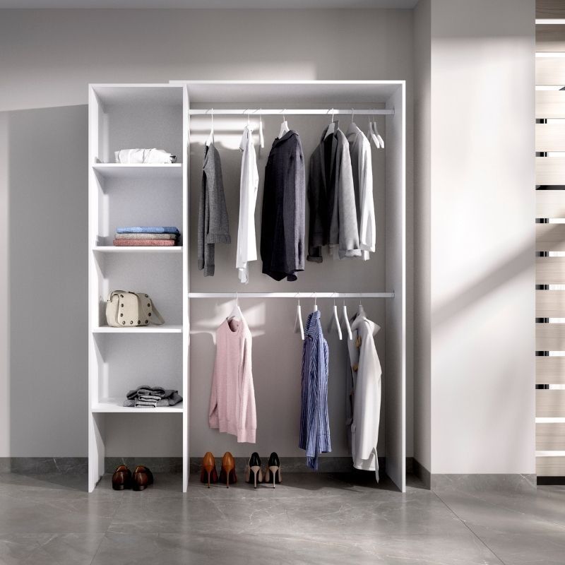 Mobelcenter - Armario Vestidor Suit Reversible con 2 Barras y 4 Estantes - Color Blanco - Ancho: 140-110 cm x Fondo: 40 cm x Alto: 187 cm - (1203)