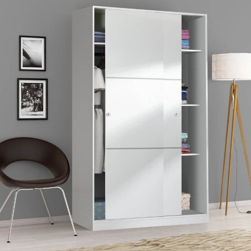 Mobelcenter - Armario 2 Puertas Correderas Matrimonio o Juvenil con 3 estantes y Barra de Colgar - Blanco Brillo - 120cm x 50cm x 200cm (1415)