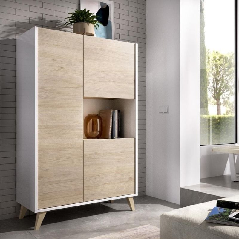 Mobelcenter - Mueble Aparador auxiliar Alto 3 Puertas - Color Blanco y Natural - Medidas: Ancho: 81 cm x Fondo: 43 cm x Alto: 135 cm - (1253)
