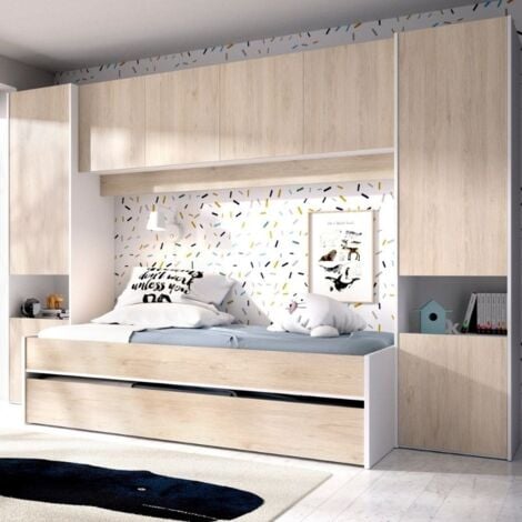 Mobelcenter - Cama Juvenil Nido con Altillo Kwai con 2 Armarios Altos y Altillo - Color Blanco y Natural - An: 303 cm x F: 97 cm x Al: 203 cm - (1206)