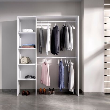 Mobelcenter - Armario Vestidor Suit Reversible con 2 Barras y 4 Estantes - Color Blanco - Ancho: 140-110 cm x Fondo: 40 cm x Alto: 187 cm - (1203)
