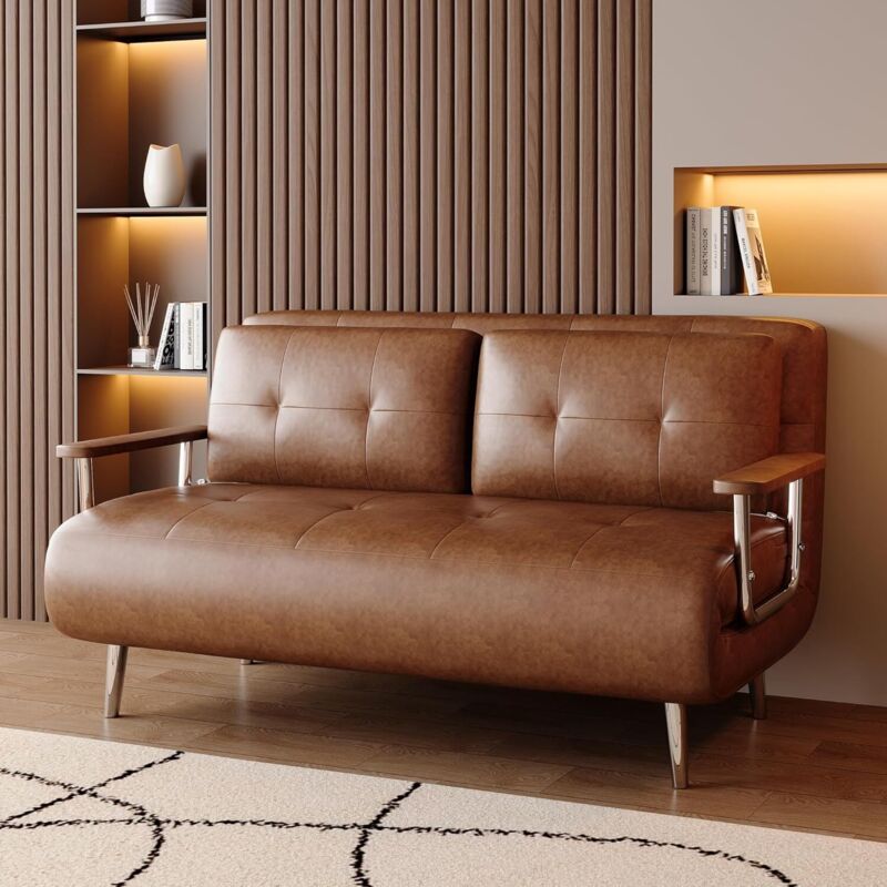 Canapé Miniature En Cuir Marron Pour Maison De Poupée – Double Siège Moderne Avec Coussins, Meuble Luxe Salon 1/12