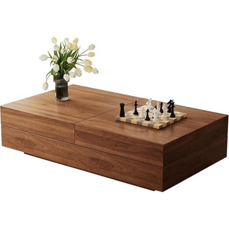 Table basse extensible en noyer 120-208 cm – Rangement caché avec 8 compartiments – Design moderne pour 6 places assises – Finition frottée à l'huile