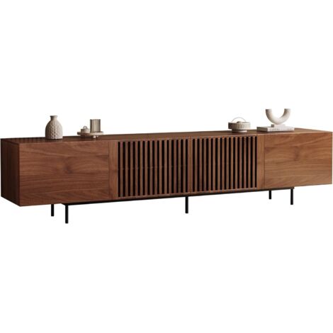 Meuble TV 240 cm pour écran 80 pouces – Rangement 4 portes – Placage bois véritable – Design mid-century élégant