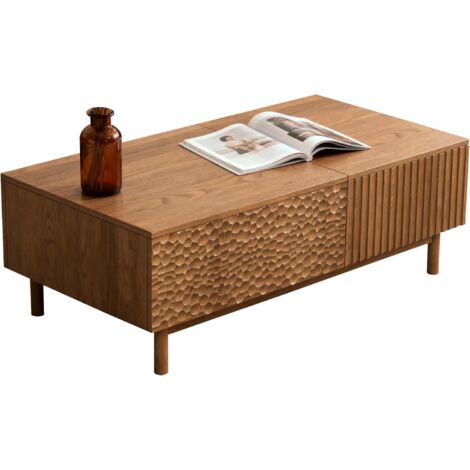 Table basse relevable carrée, structure bois et métal, couleur noyer,Motif poisson