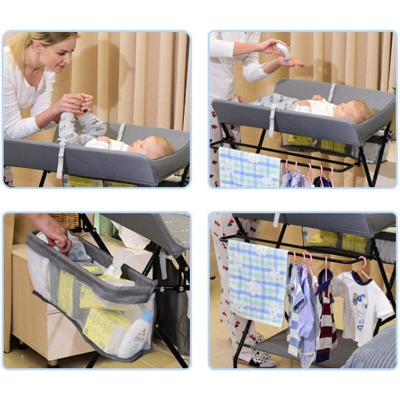 Fasciatoio Pieghevole Per Bambino Con Ruote E Ripiani - Struttura In Ferro, Tessuto Oxford, Portata 15 Kg, Colore Grigio