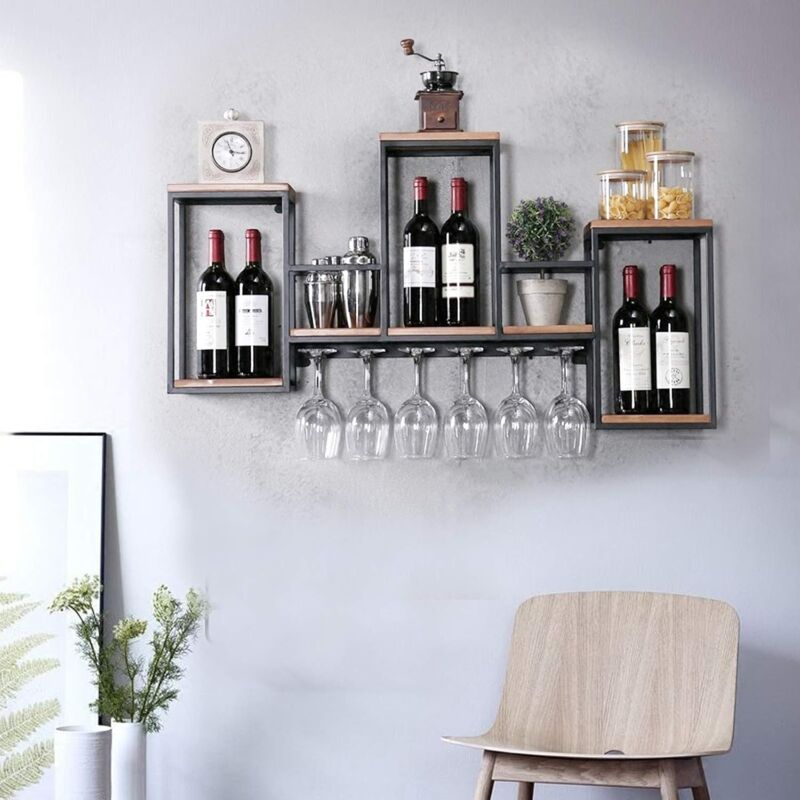 MBQQ Portabottiglie E Bicchieri A Muro – 2 Ripiani In Legno, 5 Steli, Stile Industriale – Nero - 2