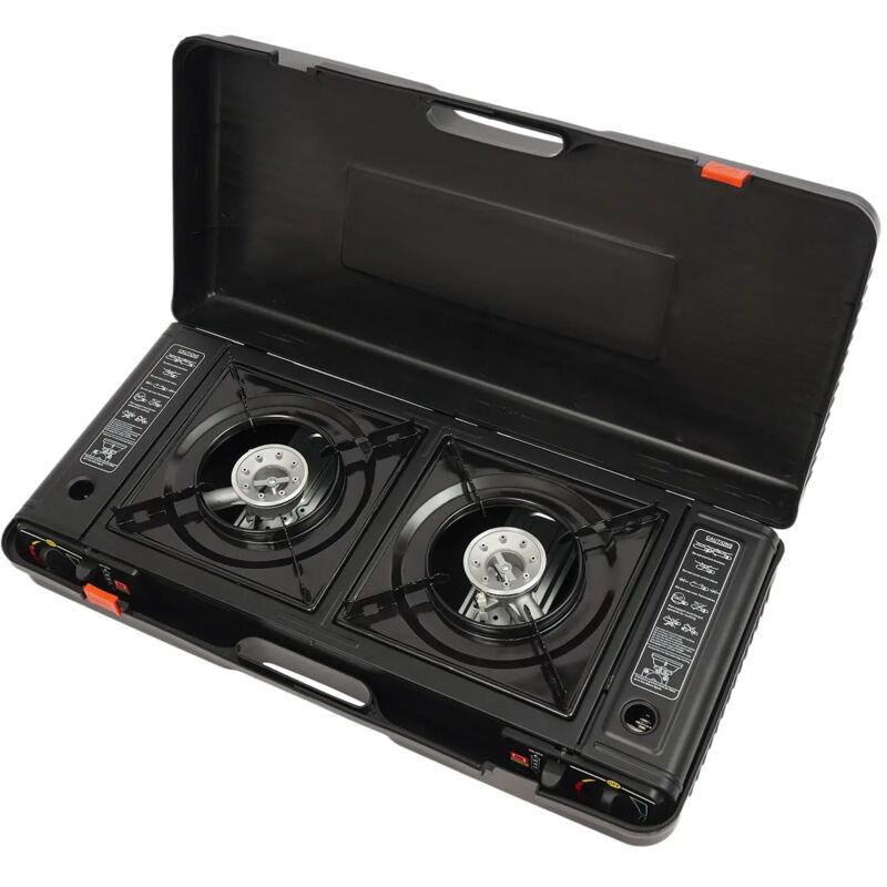 Fornello A Gas Portatile 2 Fuochi 2500 W – Doppio Bruciatore Da Campeggio, Con Piastra E Valigetta