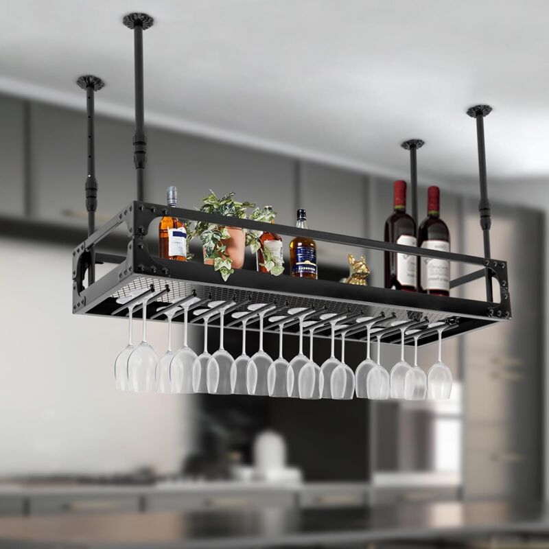 Portabottiglie Per Il Montaggio A Soffitto, Altezza Regolabile Con Supporto In Vetro, Scaffale Industriale Da Appendere, Adatto Per Cucine, Bar, Caffetterie, Ecc. (nero
