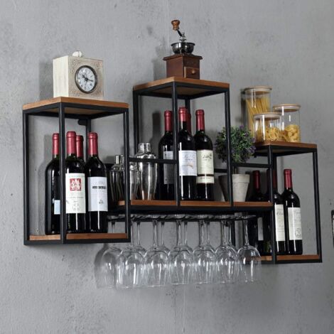 Portabottiglie da parete in legno, Cestello Cantinetta con supporto per bicchieri da vino, in metallo, montaggio a parete, fino a 30 kg, 106 x 20 x 55 cm