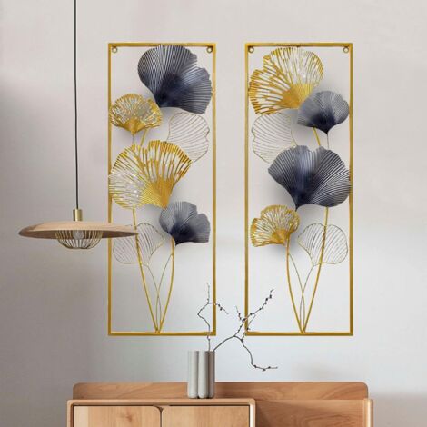 2 pezzi da parete in metallo, foglie di ginkgo in metallo, decorazione da parete 3D, decorazione da parete, foglie di ginkgo in metallo, 85 x 31 cm, decorazione per il soggiorno