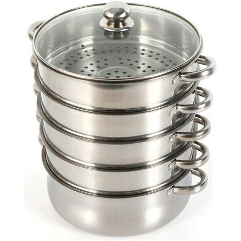 Steamer, pentola a vapore a lunga durata, in acciaio inox, con coperchio in vetro, per la casa 26 cm, 5 strati（Non adatto per fornelli a induzione）