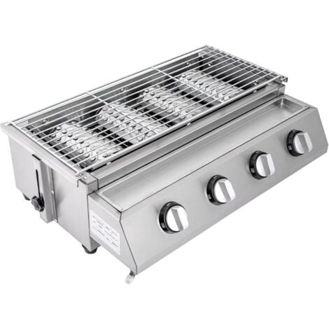 Barbecue a gas a 4 fiamme, GPL a gas, barbecue da tavolo, da giardino, regolabile in altezza, in acciaio inox