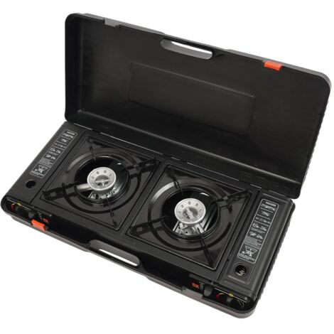 Fornello A Gas Portatile 2 Fuochi - Piastra Da Picnic Per Campeggio Con Griglia E Borsa Trasporto