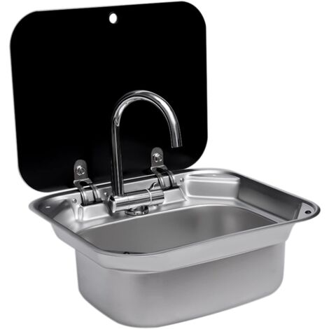 RV Caravan o Barca Lavandino a mano in acciaio inox con rubinetto piegato, coperchio in vetro temperato per camper accessori (lavello con rubinetto)