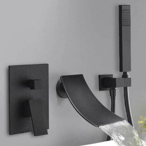 Set di rubinetti per doccia a incasso, a cascata, per vasca da bagno, rubinetti a parete, colore nero, con doccetta laterale, interruttore per acqua calda e fredda