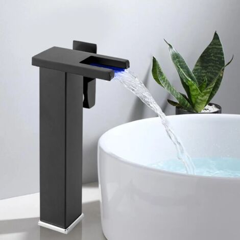 Auralum Rubinetto Bagno Lavabo a Cascata Nero, Rubinetto Lavabo Monocomando per Bagno con bocca a cascata (larghezza 60 mm), Risparmio idrico, Regolazione a Caldo e Freddo