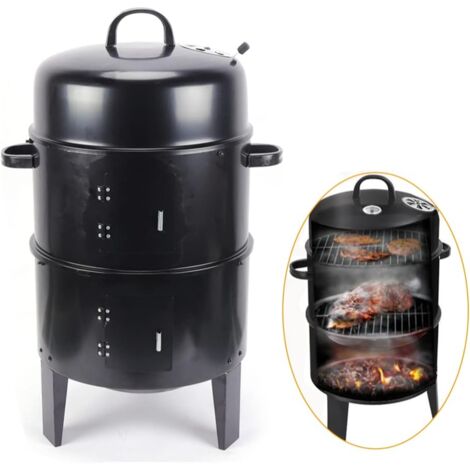 Barbecue a carbonella, per affumicare, con termometro, facile da trasportare, rotondo, a carbonella, a carbone, griglia multifunzione, colore nero