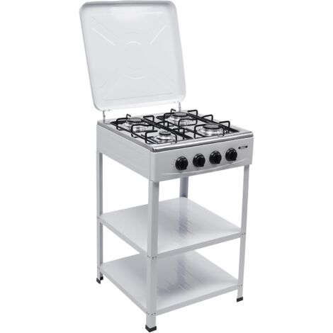 Fornello a gas indipendente con 4 bruciatori, piano cottura a gas, ideale per cucina/esterni, con supporto antiscivolo e doppio ripiano (49 × 49 × 79 cm) (bianco)