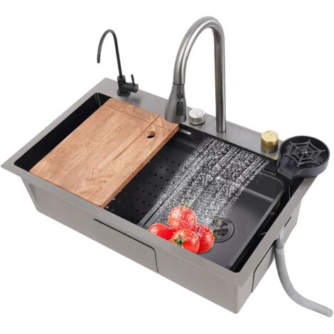 Lavello da cucina a vasca singola, barra a cascata, lavello in acciaio Ino Lavello 304 con rubinetto estraibile, set di lavelli da cucina di alta qualità per una cucina pulita, (75 x 45 x 21 cm)