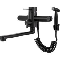 Rubinetto a parete con pistola a spruzzo, erogatore girevole a 360°, rubinetto da parete per cucina, colore nero, facile da montare