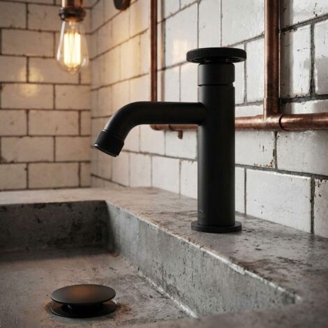 Retro Industrial Bathroom Sink Tap Black Round Handle