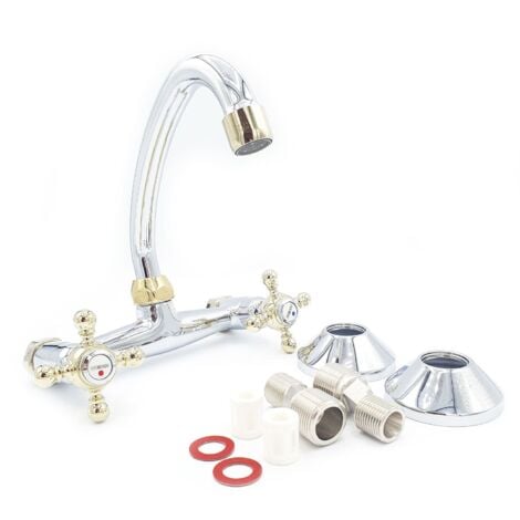 Chrome Gold F High Spout Kitchen Tap Wall Mount Cross Heads