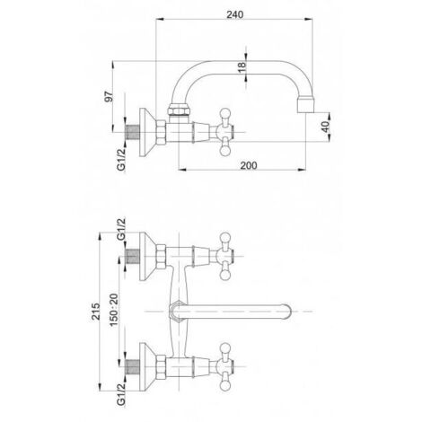 Wall Mounted Kitchen Mixer Tap 20cm C Spout Retro Heads