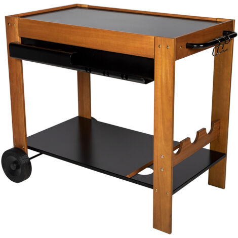 Somagic – Chariot à plancha en bois et métal – Plateau acier 87 x 47 cm – Dimensions 100 x 61 x 80 cm – Roulettes et porte-bouteilles