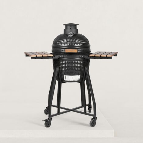 Barbecue charbon Kamado 16' céramique pour 4 à 6 personnes – Grille inox 34 cm – Deux plateaux rabattables – Pierre à pizza offerte