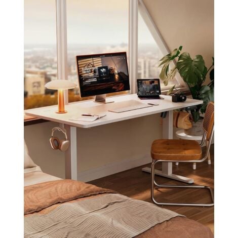 Bureau assis debout,bureau électrique réglable en hauteur, bureau domestique avec panneau de jonction, intelligence de mémoire à 4 vitesses et avec crochets, 140 x 70 cm, Blanc,ERGEAR