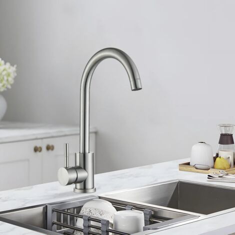 Rubinetto Lavello Cucina, Miscelatore Cucina Nickel Spazzolato Ottone con Bocca Alta Girevole a 360°, Rubinetti Monocomando Acqua Calda e Fredda Regolabile per Lavelli da Esterno Interno