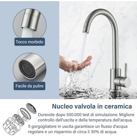 Rubinetto Lavello Cucina, Miscelatore Cucina Nickel Spazzolato Ottone con Bocca Alta Girevole a 360°, Rubinetti Monocomando Acqua Calda e Fredda Regolabile per Lavelli da Esterno Interno