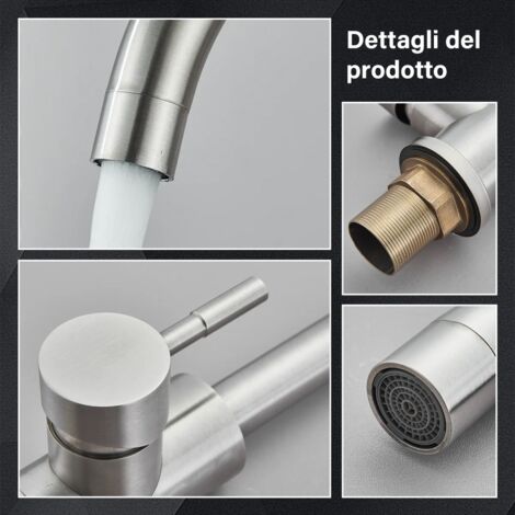 Rubinetto Lavello Cucina, Miscelatore Cucina Nickel Spazzolato Ottone con Bocca Alta Girevole a 360°, Rubinetti Monocomando Acqua Calda e Fredda Regolabile per Lavelli da Esterno Interno