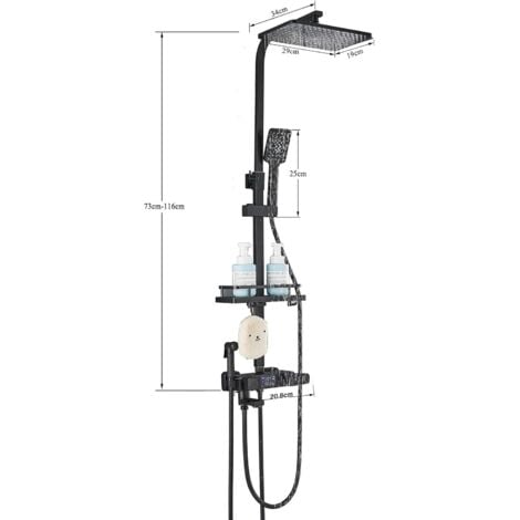 Colonna doccia termostatica nero con miscelatore 38 ° C,Set doccia con 4 funzioni regolabili in altezza,Sistema doccia a testa Carréeavec Doccia a mano per bagno