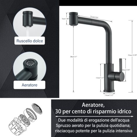 Rubinetto Lavello Cucina, Rubinetto Cucina Estraibile, Miscelatore ad Alta Pressione con Doccia e Due Tipi di Getto d'Acqua, Miscelatore Cucina Girevole a 360° Ottone