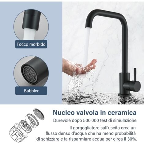 Rubinetto Lavello Cucina, Miscelatore Cucina Opaco Nero Ottone con Bocca Alta Girevole a 360°, Rubinetti Monocomando Acqua Calda e Fredda Regolabile per Lavelli da Esterno Interno