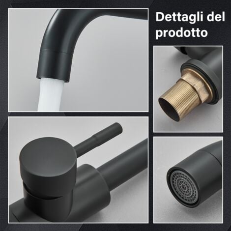 Rubinetto Lavello Cucina, Miscelatore Cucina Opaco Nero Ottone con Bocca Alta Girevole a 360°, Rubinetti Monocomando Acqua Calda e Fredda Regolabile per Lavelli da Esterno Interno