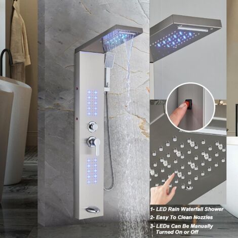 LED Pannello Doccia in Acciaio Inox 304 Colonna Doccia Idromassaggio Miscelatore con 5 Funzioni e Doccetta, per Bagno, facile da installare