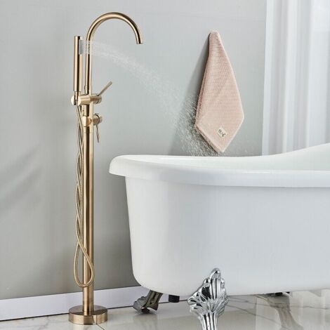 Freistehende Badewanne Wasserhahn Gold Gebürstet Bodenstehend Badewanne Wasserhahn mit Handbrause und 360 ° schwenkbarem Auslauf