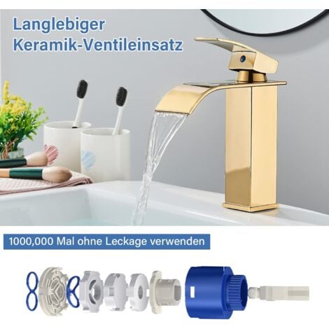 Wasserhahn Bad Gold Mischbatterie Waschbecken Einhebel Wasserfall Wasserhahn aus Edelstahl Wschtischarmatur für Badezimmer
